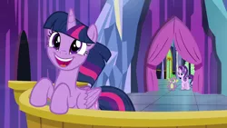 Size: 1280x720 | Tagged: safe, derpibooru import, screencap, spike, starlight glimmer, twilight sparkle, twilight sparkle (alicorn), alicorn, dragon, pony, unicorn, season 6, the crystalling, cute, female, image, male, mare, open mouth, open smile, png, smiling, twiabetes, twilight's castle