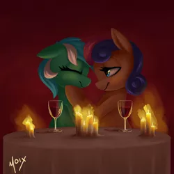 Size: 2000x2000 | Tagged: safe, artist:supermoix, derpibooru import, bon bon, lyra heartstrings, sweetie drops, earth pony, pony, unicorn, alcohol, beautiful, candle, cute, dinner, female, image, lesbian, love, lyrabon, night, painting, png, shipping, wine