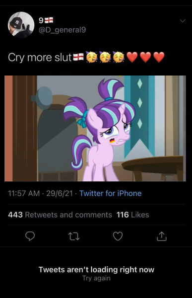 Size: 468x726 | Tagged: safe, derpibooru import, edit, edited screencap, screencap, starlight glimmer, pony, 1000 years in photoshop, abuse, crying, emoji, england, euro 2020, female, filly, filly starlight glimmer, germany, glimmerbuse, image, meta, png, sad, twitter, vulgar, younger