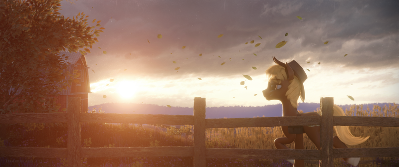 Size: 3840x1607 | Tagged: safe, artist:etherium-apex, derpibooru import, oc, oc:acres, earth pony, pony, 3d, blender, blender eevee, countryside, farm, fence, image, leaves, male, png, scenery, solo