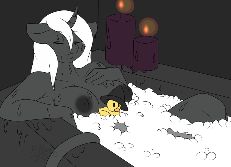 Size: 2082x1501 | Tagged: questionable, artist:ensayne, derpibooru import, oc, oc:salem, oc:salem cuisine, unofficial characters only, anthro, unicorn, bath, bathtub, big breasts, breasts, bubble bath, candle, eyes closed, female, hat, horn, image, nudity, patreon, patreon reward, png, relaxed, relaxing, rubber duck, solo, solo female, unicorn oc, witch hat