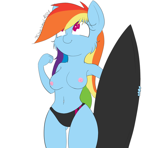 Size: 1024x1024 | Tagged: questionable, artist:fajnyziomal, derpibooru import, edit, editor:michaelsety, rainbow dash, anthro, belly button, bikini, breasts, cheek fluff, cleavage, clothes, commission, female, image, nipples, nudity, partial nudity, png, simple background, solo, surfboard, swimsuit, topless, white background, your character here