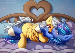 Size: 4961x3508 | Tagged: safe, artist:chaosangeldesu, derpibooru import, oc, unofficial characters only, pegasus, pony, unicorn, cuddling, cute, female, heart, hooves, image, lying down, male, oc x oc, on back, png, shipping, straight