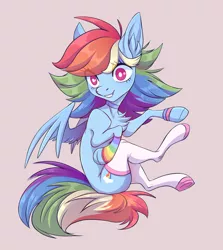 Size: 2061x2307 | Tagged: safe, artist:1an1, derpibooru import, rainbow dash, pegasus, pony, clothes, image, jpeg, leg warmers, smiling, socks, solo, spread wings, striped socks, thigh highs, underhoof, wings