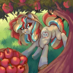 Size: 2000x2000 | Tagged: safe, artist:ariamidnighters, derpibooru import, oc, unofficial characters only, earth pony, pony, apple, apple tree, applebucking, featureless crotch, female, food, hat, image, png, tree