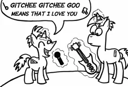 Size: 696x474 | Tagged: safe, artist:samueleallen, derpibooru import, ponified, pony, unicorn, electric guitar, eyes closed, gitchee gitchee goo, guitar, image, jpeg, microphone, monochrome, musical instrument, parody, phineas and ferb, singing, song, song parody, song reference, word balloon