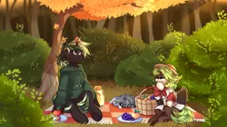 Size: 3000x1679 | Tagged: safe, artist:mediasmile666, derpibooru import, oc, unofficial characters only, bat pony, cat, unicorn, apple, basket, bat pony oc, bat wings, duo, evening, food, grapes, grass, image, outdoors, picnic, picnic basket, picnic blanket, png, tree, wings