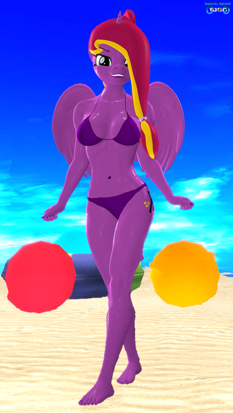 Size: 1080x1920 | Tagged: questionable, artist:daveman1000, derpibooru import, oc, oc:diamond-chi, alicorn, anthro, plantigrade anthro, 3d, beach, bikini, breasts, clothes, commission, female, image, png, solo, solo female, source filmmaker, swimsuit, ych result, your character here