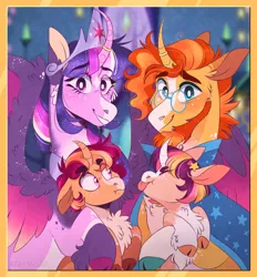 Size: 1280x1377 | Tagged: safe, artist:wanderingpegasus, derpibooru import, sunburst, twilight sparkle, twilight sparkle (alicorn), oc, oc:artemis, oc:dream weaver, alicorn, unicorn, beard, brother and sister, cheek fluff, chest fluff, cloak, clothes, cloven hooves, curved horn, facial hair, father and child, father and daughter, female, fluffy, glasses, horn, horn ring, image, jewelry, male, mother and child, mother and son, next generation, offspring, parent:sunburst, parent:twilight sparkle, parents:twiburst, png, ring, shipping, siblings, straight, sunburst's cloak, sunburst's glasses, tiara, tongue out, twiburst