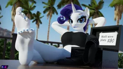 Size: 3840x2160 | Tagged: suggestive, artist:shadowboltsfm, derpibooru import, rarity, anthro, plantigrade anthro, unicorn, 3d, 4k, barefoot, big breasts, blender, bra, breasts, clothes, crop top bra, crossed legs, eyelashes, eyeshadow, feet, feet on table, female, fetish, flats, foot fetish, foot focus, image, lipstick, looking at you, makeup, nail polish, not sfm, palm tree, png, shoes, shoes removed, smiling, soles, toenail polish, toes, tree, underwear, wiggling toes