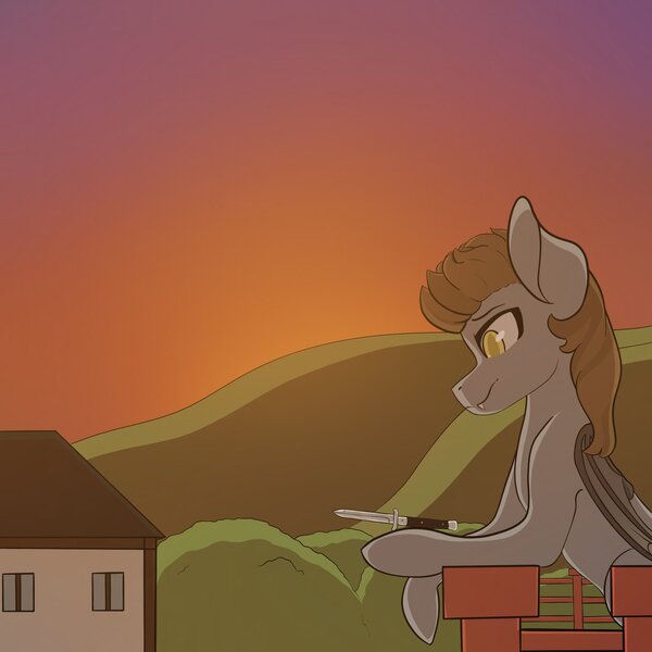 Size: 2048x2048 | Tagged: safe, artist:celiamontigre, derpibooru import, oc, oc:devin, unofficial characters only, bat pony, background, bat pony oc, bat wings, building, handle, holding, house, image, jpeg, knife, looking at something, solo, sun, switchblade, weapon, wings