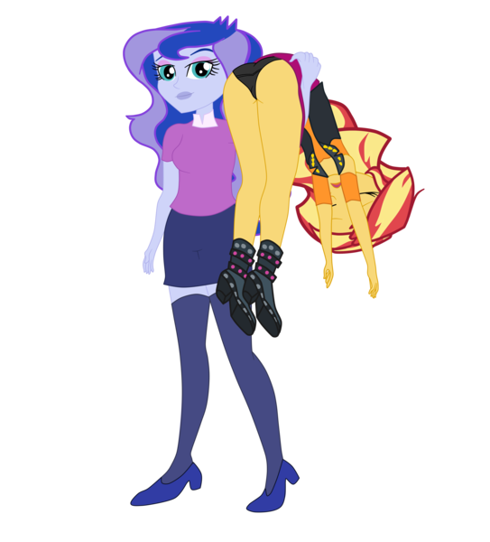 Size: 5177x5718 | Tagged: suggestive, artist:gmaplay, derpibooru import, princess luna, sunset shimmer, equestria girls, equestria girls series, forgotten friendship, alternate clothes, alternate design, ass, ass up, black underwear, bunset shimmer, butt, carrying, clothes, face down ass up, fireman carry, image, panties, png, solo, the ass was fat, unconscious, underwear, vice principal luna