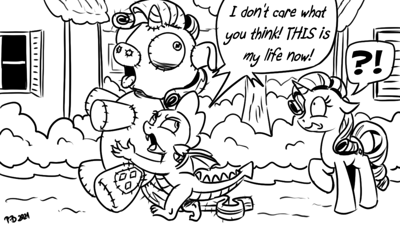 Size: 1200x675 | Tagged: safe, artist:pony-berserker, derpibooru import, rarity, spike, dragon, original species, plush pony, pony, unicorn, exclamation point, giant plushie, image, interrobang, plushie, png, pony-berserker's twitter sketches, ponyville, question mark, winged spike