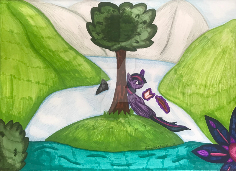 Size: 1280x927 | Tagged: safe, artist:lil_vampirecj, derpibooru import, twilight sparkle, twilight sparkle (alicorn), alicorn, pony, unicorn, art, bookhorse, bush, deviantart watermark, flower, hill, image, jpeg, lying down, magic, nerd, nerd pony, obtrusive watermark, photo, purple eyes, purple mane, reading, river, scenery, sitting, solo, traditional art, tree, watermark