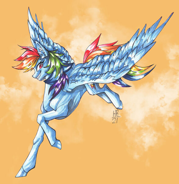 Size: 1024x1049 | Tagged: safe, artist:just-rat, derpibooru import, rainbow dash, pegasus, pony, female, flying, grin, image, jpeg, mare, signature, simple background, smiling, solo, spread wings, wings, yellow background