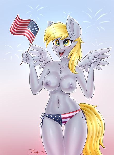 Size: 2587x3508 | Tagged: questionable, alternate version, artist:dandy, derpibooru import, derpy hooves, anthro, pegasus, american flag, american flag bikini, american independence day, areola, belly button, bikini, bikini bottom, blushing, breasts, chest flff, chest fluff, clothes, ear fluff, explicit source, eyebrows, eyebrows visible through hair, eyelashes, female, fireworks, flag, flag bikini, high res, image, independence day, nipples, nudity, open mouth, partial nudity, png, side-tie bikini, solo, solo female, swimsuit, thigh gap, topless, united states, wings