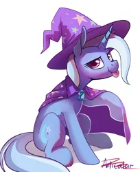 Size: 1134x1388 | Tagged: safe, artist:anonymous, artist:anticular, banned from derpibooru, deleted from derpibooru, derpibooru import, edit, editor:edits of hate, editor:unofficial edits thread, trixie, pony, unicorn, cape, clothes, female, hat, image, mare, png, solo, tongue out, trixie's cape, trixie's hat