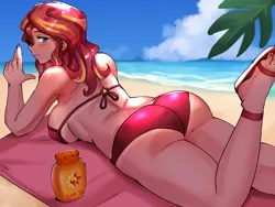 Size: 4000x3000 | Tagged: suggestive, alternate version, artist:tzc, sunset shimmer, human, bikini, bikini aside, bikini babe, bunset shimmer, butt, clothes, humanized, image, laying on stomach, lying down, png, sunscreen, swimsuit