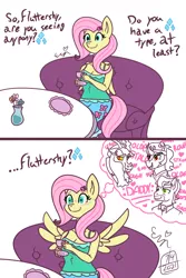 Size: 1600x2400 | Tagged: safe, artist:erenerakhard, derpibooru import, discord, doctor caballeron, fluttershy, king sombra, anthro, blushing, comic, flower, food, image, implied rarity, jpeg, nervous sweat, spread wings, sweat, tea, thought bubble, two panels, wingboner, wings