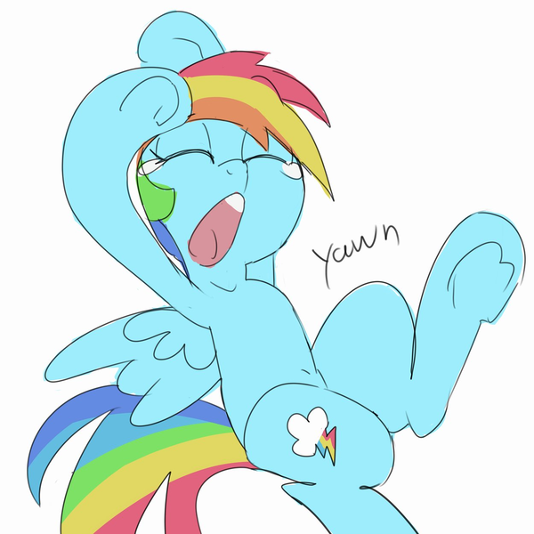 Size: 1250x1250 | Tagged: safe, artist:baigak, derpibooru import, rainbow dash, pegasus, pony, eyes closed, female, image, mare, onomatopoeia, png, simple background, sleepy, solo, spread wings, stretching, tired, white background, wings, yawn