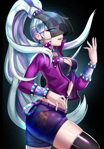 Size: 2800x4000 | Tagged: safe, artist:tzc, derpibooru import, coloratura, human, the mane attraction, anime, breasts, cleavage, clothes, colored pupils, countess coloratura, female, humanized, image, open mouth, png, shorts, socks, solo, thigh highs, veil