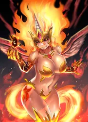 Size: 2900x4000 | Tagged: suggestive, artist:tzc, derpibooru import, daybreaker, human, alicorn humanization, armor, belly button, big breasts, black sclera, breasts, busty daybreaker, cutie mark on human, eyebrows, eyelashes, fangs, female, fire, fire hair, fire tail, horn, horned humanization, hot, humanized, image, looking at you, mane of fire, pedal, png, ruby, sexy, slit eyes, slit pupils, solo, solo female, stupid sexy daybreaker, tail, tailed humanization, unconvincing armor, winged humanization, wings