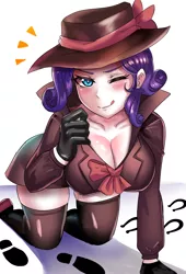 Size: 1900x2800 | Tagged: suggestive, alternate version, artist:tzc, derpibooru import, rarity, human, anime, big breasts, blushing, bow, breasts, busty rarity, cleavage, clothes, coat, detective rarity, downblouse, female, gloves, hat, humanized, image, kneeling, licking, licking lips, looking at you, one eye closed, png, simple background, smiling, socks, solo, thigh highs, tongue out, white background, wink