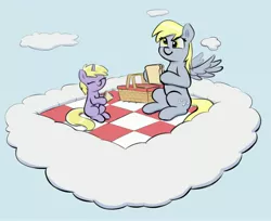 Size: 3396x2776 | Tagged: safe, artist:heretichesh, derpibooru import, derpy hooves, dinky hooves, pegasus, pony, unicorn, basket, cloud, cute, derpabetes, dinkabetes, duo, eyes closed, female, food, hoof hold, image, jpeg, mother and child, mother and daughter, picnic, picnic basket, picnic blanket, sandwich