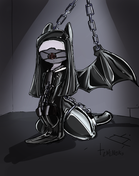 Size: 4913x6231 | Tagged: questionable, artist:tenenbris, derpibooru import, oc, bat pony, pony, blindfold, bondage, bound wings, chains, clothes, cuffs, gag, harness, image, kneeling, latex, latex suit, nun, open mouth, piercing, png, ring gag, socks, spread wings, tack, thigh highs, wing piercing, wings