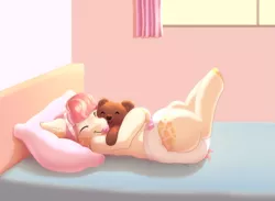 Size: 1167x854 | Tagged: safe, artist:binkyroom, derpibooru import, oc, earth pony, bed, bedroom, commission, diaper, image, nap, pillow, png, smiling, solo, spots, stuffed animals, teddy bear, ych result