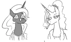 Size: 834x494 | Tagged: safe, artist:jargon scott, derpibooru import, oc, oc:dyx, oc:nyx, unofficial characters only, alicorn, pony, bathrobe, black and white, cigarette, clothes, duo, female, glasses, grayscale, image, monochrome, older, older dyx, older nyx, png, robe, siblings, simple background, sisters, smoking, white background