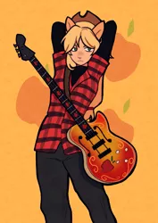 Size: 1233x1744 | Tagged: safe, artist:meliciamelano, derpibooru import, applejack, human, equestria girls, apple, bored, food, guitar, hat, humanized, image, jpeg, musical instrument, pony ears, simple background, solo