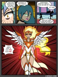 Size: 1614x2122 | Tagged: safe, artist:banquo0, derpibooru import, daybreaker, princess celestia, queen chrysalis, human, alternate universe, armor, clothes, comic, dialogue, humanized, image, jpeg, now you fucked up, silhouette, surprised, text, winged humanization, wings