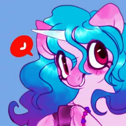 Size: 2001x2001 | Tagged: safe, artist:axollady, derpibooru import, izzy moonbow, pony, unicorn, blue background, bust, g5, heart, hooves together, image, jpeg, pictogram, simple background, smiling, solo