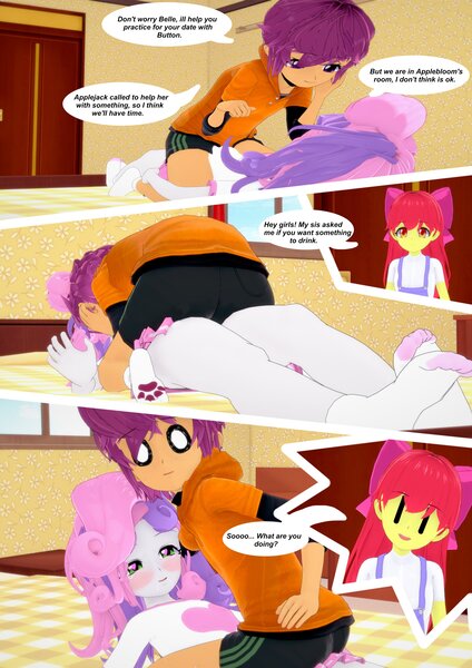 Size: 2897x4096 | Tagged: safe, artist:legions20, derpibooru import, apple bloom, scootaloo, sweetie belle, equestria girls, 3d, clothes, comic, cute, feet, female, image, jpeg, kissing, koikatsu, lesbian, lying down, scootabelle, shipping, socks, surprised