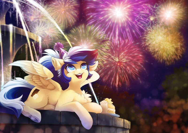 Size: 3507x2481 | Tagged: safe, artist:arctic-fox, derpibooru import, oc, oc:animatedpony, pegasus, pony, fireworks, image, jpeg, solo