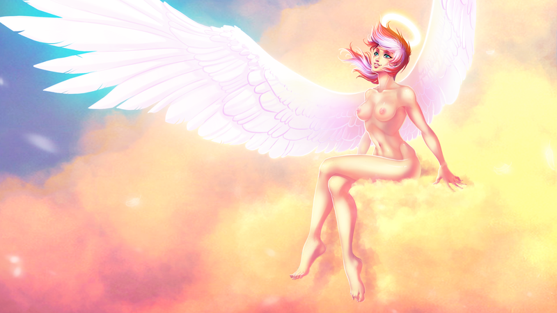 Size: 3840x2160 | Tagged: questionable, artist:limreiart, derpibooru import, oc, oc:lighty dust, unofficial characters only, human, pegasus, breasts, cloud, crossed legs, female, humanized, humanized oc, image, large wings, looking up, multicolored hair, nimbus, not sunset shimmer, nudity, pegasus oc, png, sitting, smiling, solo, wings