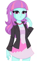 Size: 837x1388 | Tagged: safe, artist:rosemile mulberry, derpibooru import, sunny flare, equestria girls, adoraflare, alternate hairstyle, clothes, cute, dress, female, image, jacket, jewelry, long hair, looking at you, necklace, png, raised eyebrow, simple background, solo, solo female, white background