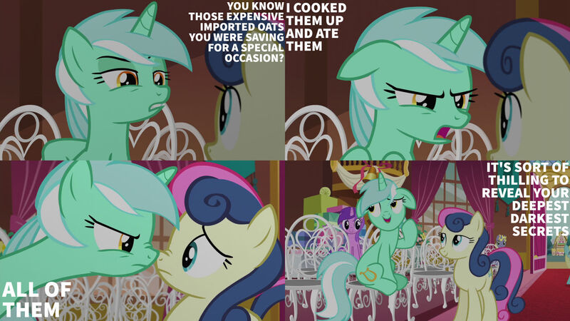 Size: 1280x720 | Tagged: safe, derpibooru import, edit, edited screencap, editor:quoterific, screencap, bon bon, lyra heartstrings, sweetie drops, earth pony, pony, unicorn, season 5, slice of life (episode), boop, female, image, jpeg, lesbian, lyrabon, male, mare, nose to nose, noseboop, open mouth, shipping, stallion, town hall