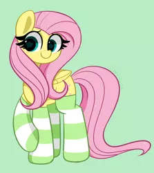 Size: 3110x3494 | Tagged: safe, artist:kittyrosie, derpibooru import, fluttershy, pegasus, pony, blushing, clothes, cute, female, green background, image, jpeg, mare, redraw, shyabetes, simple background, socks, solo, striped socks
