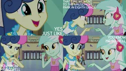 Size: 1280x720 | Tagged: safe, derpibooru import, edit, edited screencap, editor:quoterific, screencap, bon bon, lyra heartstrings, sweetie drops, all's fair in love and friendship games, equestria girls, friendship games, adorabon, canterlot high, cute, duo focus, female, image, jpeg, lesbian, looking at each other, lyrabetes, lyrabon, male, open mouth, open smile, pointing, shipping, smiling, smiling at each other