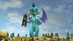 Size: 2000x1125 | Tagged: safe, artist:jeroen01, derpibooru import, flitter, princess ember, dragon, pony, 3d, dragoness, female, friendship express, giant dragon, giantess, image, macro, mare, mega giant, png, ponyville, source filmmaker, water tower