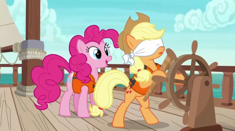 Size: 1920x1076 | Tagged: safe, derpibooru import, screencap, applejack, pinkie pie, earth pony, pony, ppov, applejack's hat, bipedal, blindfold, cowboy hat, duo, duo female, female, hat, image, lifejacket, open mouth, png, ship, steering wheel, surprised