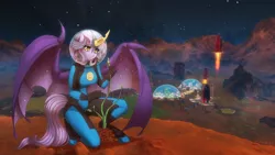 Size: 1280x721 | Tagged: safe, artist:pony straponi, derpibooru import, oc, oc:nebula eclipse, unofficial characters only, anthro, bat pony, 16:9, bat pony oc, bat wings, commission, crossover, game, image, jpeg, mars, plant, rocket, screenshot background, solo, space, spacesuit, stars, surviving mars, wings