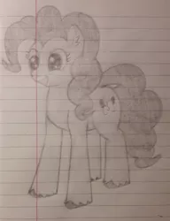 Size: 1280x1664 | Tagged: safe, artist:essentialsingularity, derpibooru import, pinkie pie, pony, atg 2021, ear fluff, female, image, jpeg, newbie artist training grounds, pencil drawing, ponk, smiling, solo, static, traditional art, unshorn fetlocks