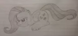 Size: 1280x594 | Tagged: safe, artist:essentialsingularity, derpibooru import, fluttershy, pony, atg 2021, ear fluff, female, image, jpeg, newbie artist training grounds, pencil drawing, scared, solo, traditional art, unshorn fetlocks