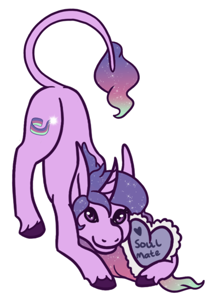 Size: 713x984 | Tagged: safe, artist:misskanabelle, derpibooru import, oc, oc:aurora star, unofficial characters only, pony, unicorn, ethereal mane, face down ass up, female, heart, heart pillow, horn, image, leonine tail, mare, pillow, png, simple background, smiling, solo, starry mane, transparent background, unicorn oc, unshorn fetlocks