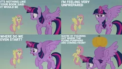 Size: 1280x720 | Tagged: safe, derpibooru import, edit, edited screencap, editor:quoterific, screencap, fluttershy, twilight sparkle, twilight sparkle (alicorn), alicorn, pegasus, pony, season 5, the hooffields and mccolts, ducking, female, flying, food fight, glowing horn, gritted teeth, horn, image, jpeg, magic, magic aura, mare, open mouth, pumpkin, teeth, telekinesis, wings