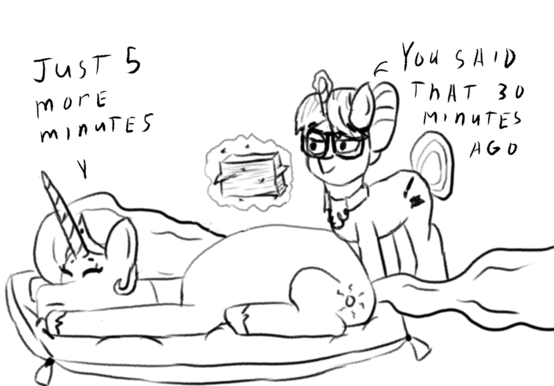 Size: 1000x696 | Tagged: safe, artist:paw-of-darkness, derpibooru import, princess celestia, raven, alicorn, unicorn, canterlot castle, flowing mane, glasses, hair bun, image, magic, paperwork, pillow, png, procrastination