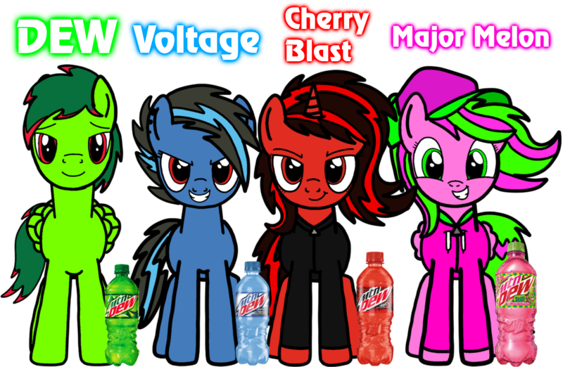 Size: 2000x1306 | Tagged: safe, artist:mrstheartist, derpibooru import, ponified, earth pony, food pony, original species, pegasus, pony, soda pony, unicorn, baseball cap, black outlines, bottle, bright colours, cap, clothes, determined, food, front view, grin, hat, hoodie, image, mountain dew, piercing, png, smiling